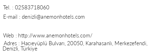 Anemon Denizli Otel telefon numaralar, faks, e-mail, posta adresi ve iletiim bilgileri